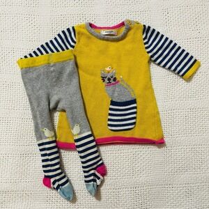 Baby Boden Yellow Cat Pocket Sweater Tights Set 0-3 Months
